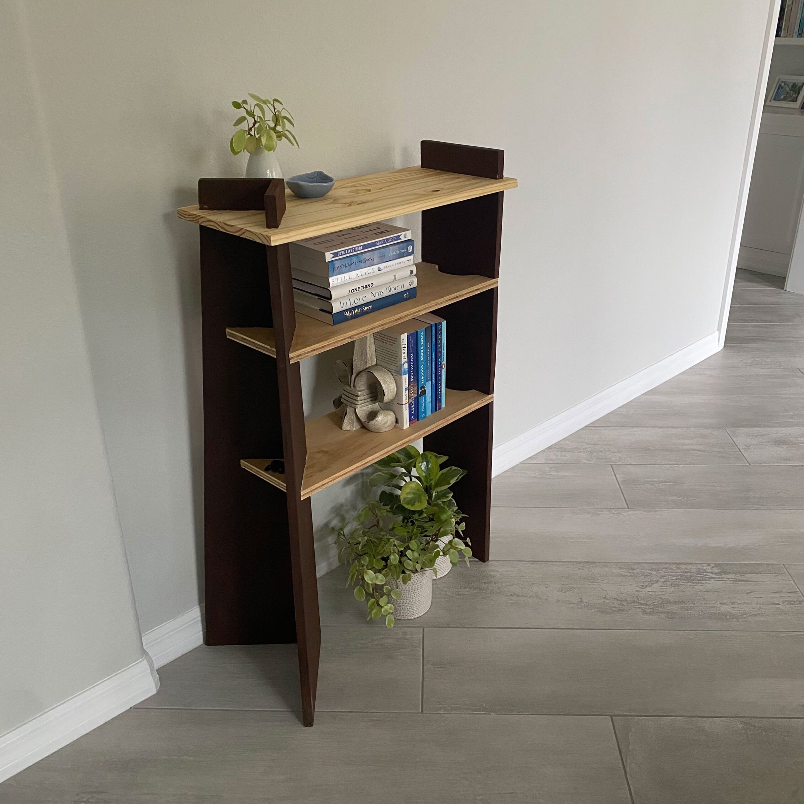 three quarters shot of left side of bookshelf